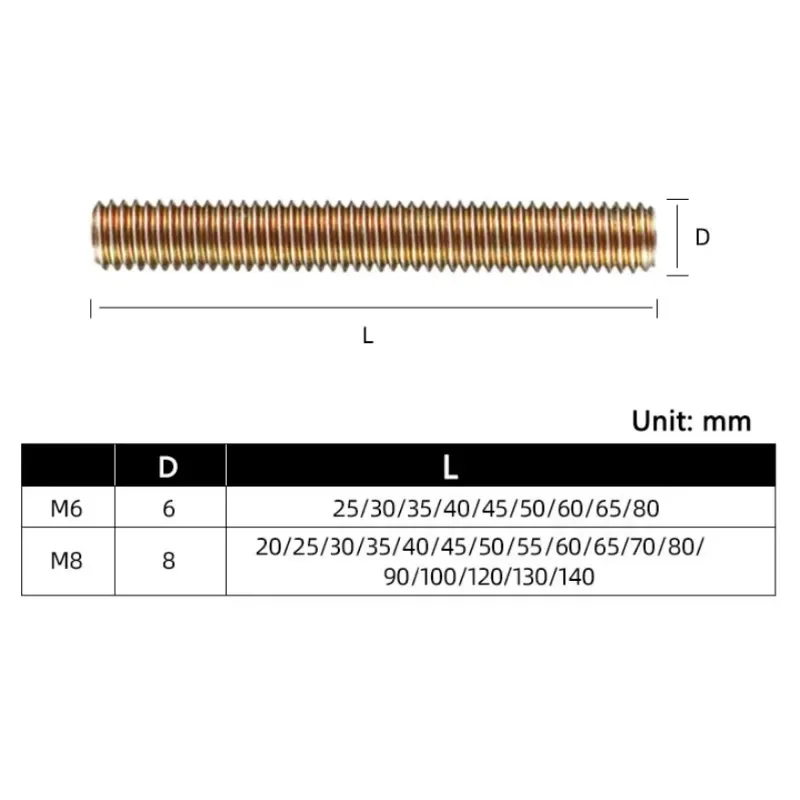 Carbon Steel Color Zinc Full Threaded Rod Solid Allthread Stud Thread Rod M6 M8 Length 25mm~140mm