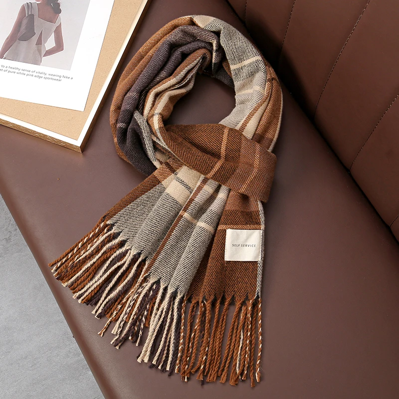 Winter Plaid Scarf Design Women Cashmere Pashmina Warm Shawl Lady Wrap Tassel Scarves Knitted Men Foulard Thick Blanket 2024