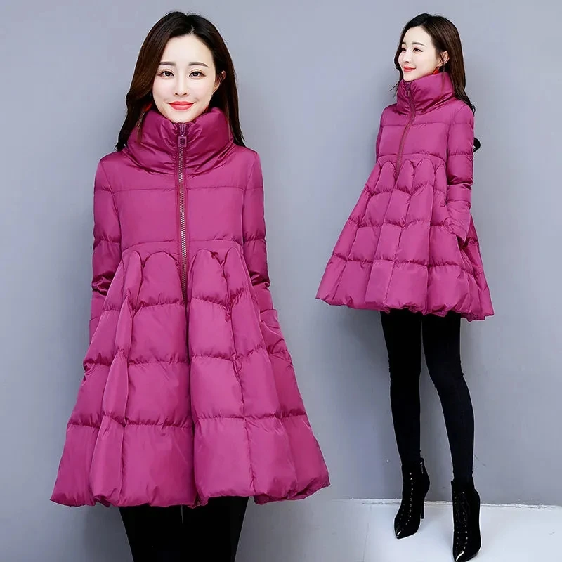 Women\'s Loose Padded Down Cotton Jacket with Zipper Solid Thickened Coat Warm Big Swing Puffy Cloak Parkas Jackets Korean Winter