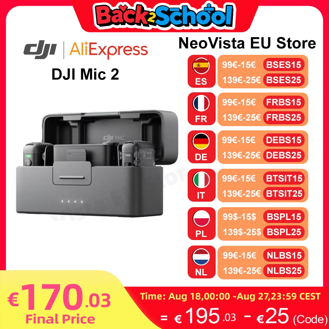 DJI Mic 2 micrófono inalámbrico con cancelación de ruido inteligente, grabación interna flotante de 32 bits, sonido optimizado, rango de 250m