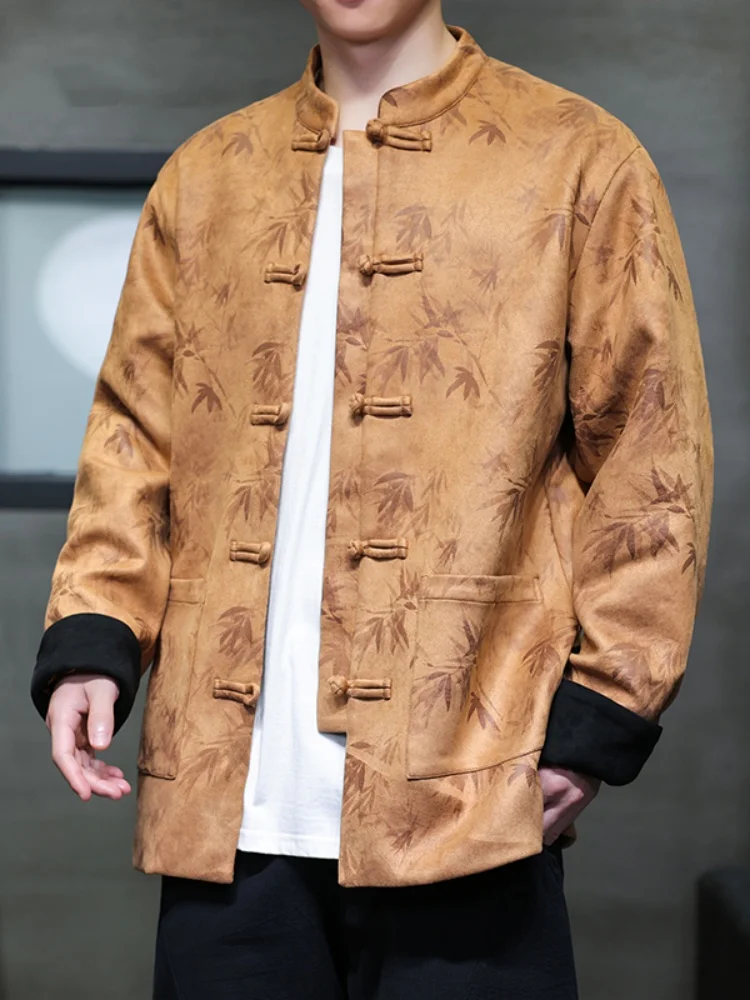 

New Chinese Sle Men's Suede Jaet Stand Collar Tang Costume Improved Hanfu Faionable Spring Outerwear Single Button