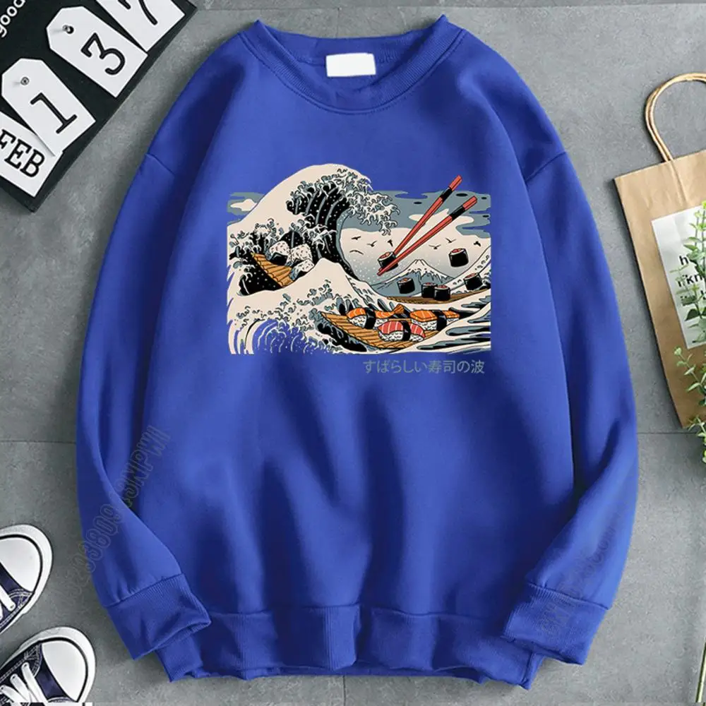 Sushi Wave Ukiyo E Harajuku Prints Man Creativity Loose Sweatshirts Vintage O-Neck Loose Hip Hop Streetwear Men Clothing