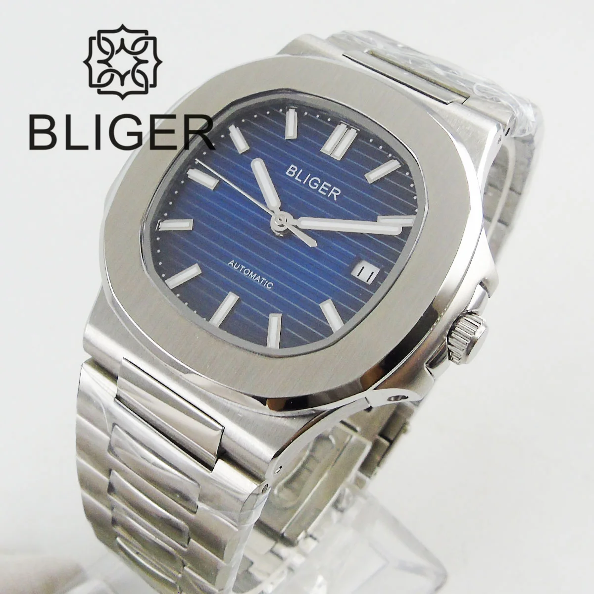 

BLIGER 40mmMechanical Men's Watch Square Case NH35 Miyota Mingzhu PT5000 Sapphire Blue Dila Green Luminous Steel Bracelet Date