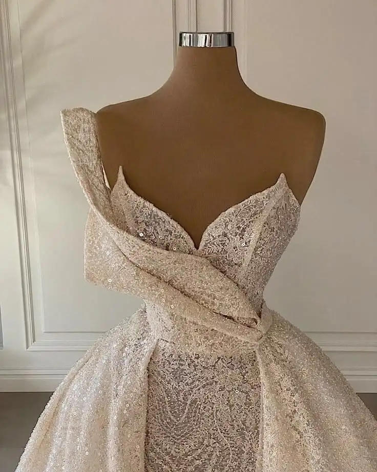 Luxury Champagne Sequin Ball Gown with Draped Overskirt Sweetheart Neck Women Bridal Dress Vestido de Noiva Customized D261772