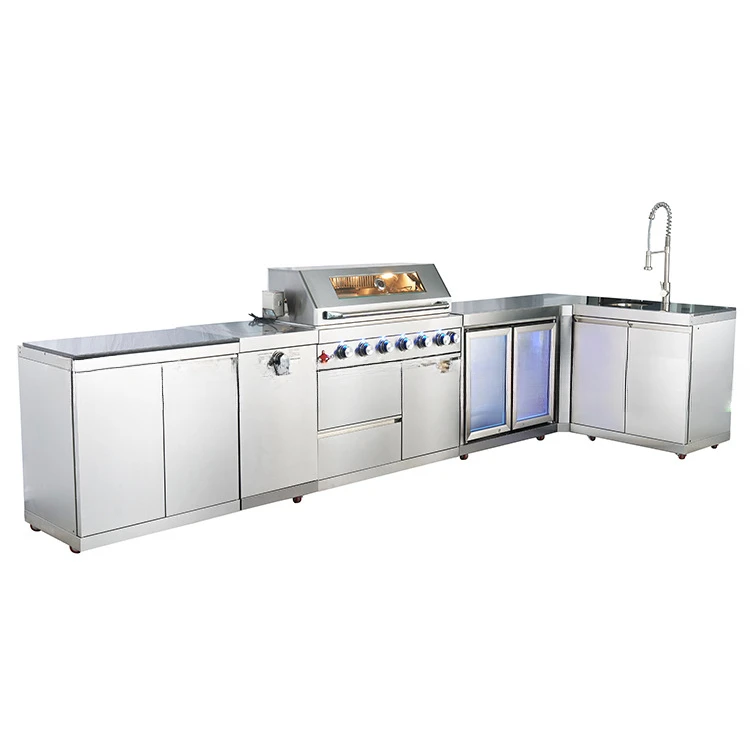 Stainless steel L-shaped cabinet combination hand wash tray double door refrigerator, smokeless barbecue grill