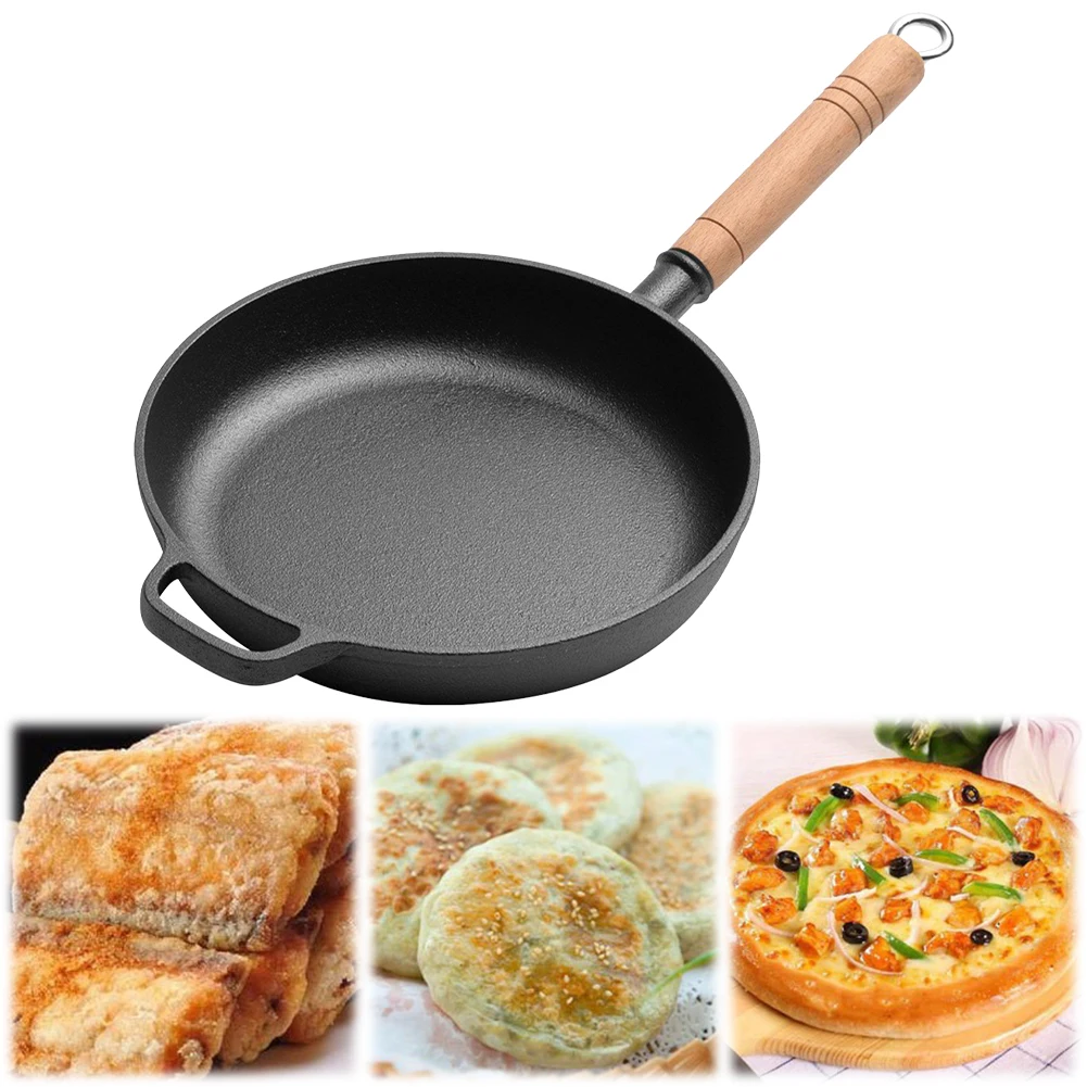 Cast Iron Flat Bottomed Pan with Wood Handle Nonstick Mini Frying Oil Drizzling Small Pot 22/24/26/28cm Mini Egg Frying Pan