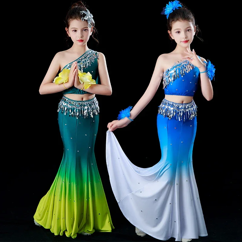 Girs Belly Dance Costume Indian Traditional Dress Peacock Dance Costumes Minority Folk Chinese Dai Dance Fish Tail  Dress