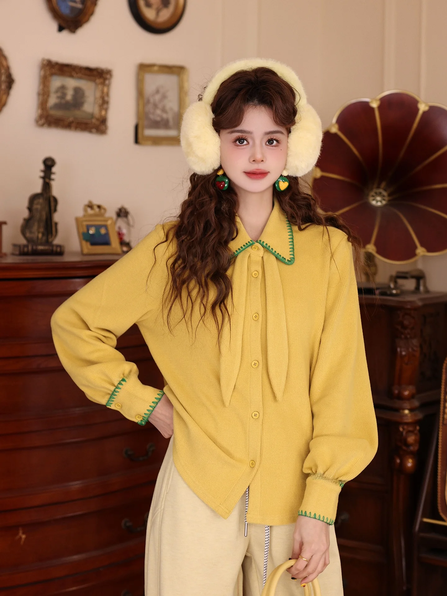 

Chen Jiajie Rice Sea Wave Retro Hong Sle Women's irt Loose Long Sve Autumn Winter Versatile Top Knitted Polyester Blend