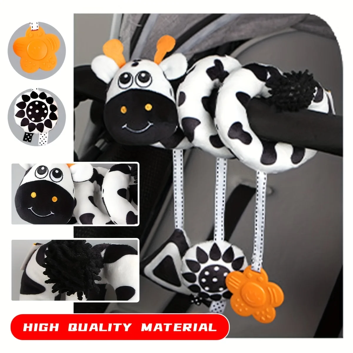 Lettino per bambini con stimolazione visiva degli animali in bianco e nero che avvolge l'auto, giocattolo sensoriale dei cartoni animati di animali, peluche a spirale