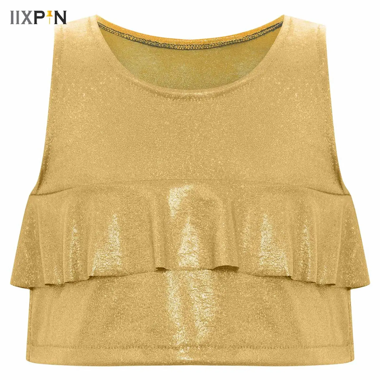 

Kids Girls Ruffles Metallic Vest Top Round Neck Sleeveless Tank Crop Tops for Cheerleading Hip-hop Jazz Dance Stage Performance