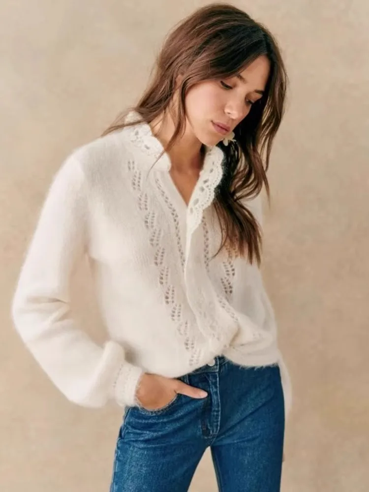 Deeptown Women Knitted Sweater Ladies Single-Breasted Petal Trim Hollow Out Cardigan Female Soft Knitwear Top Autumn Winter