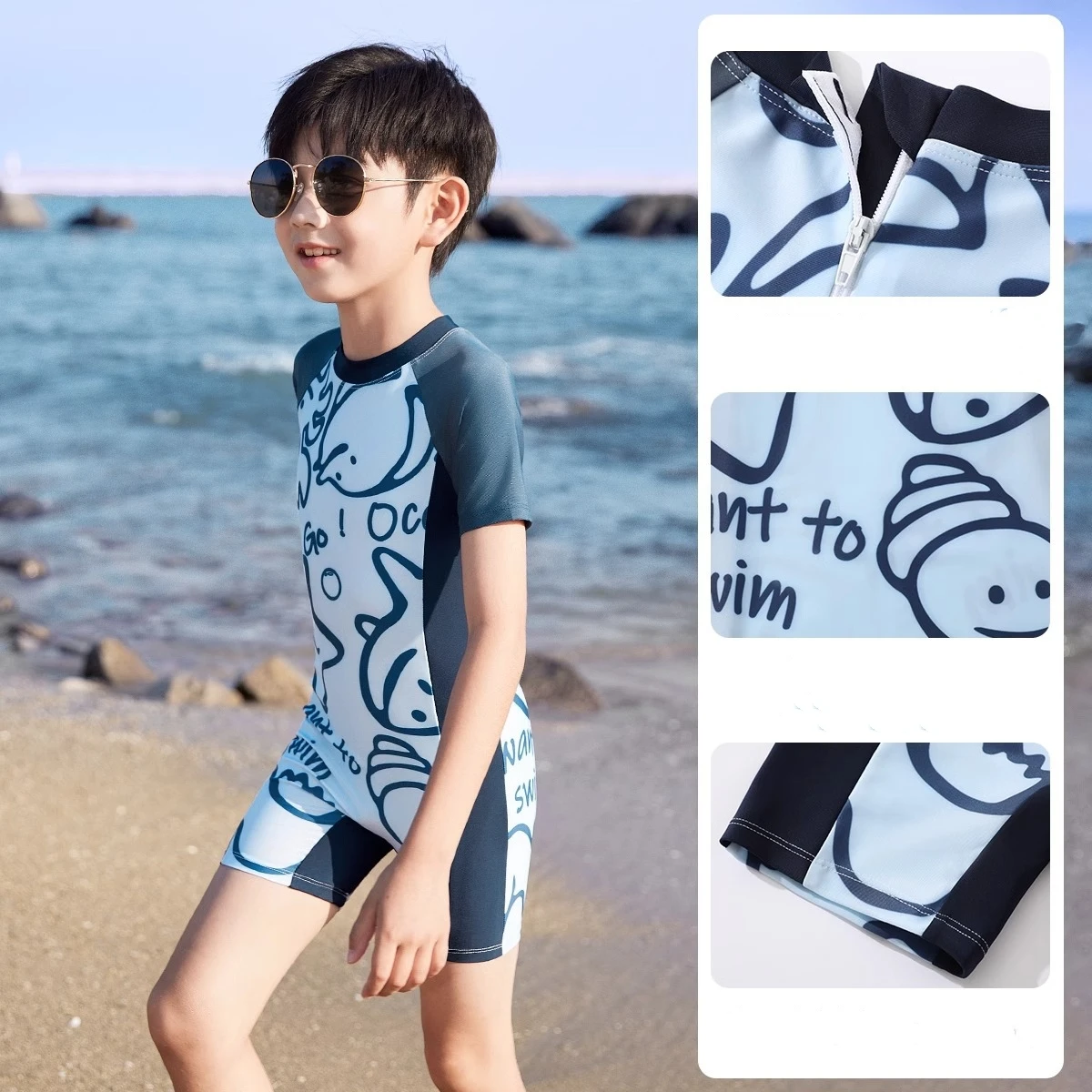 

Boys'One Piece Water Sports Beach Surfing SwimWear Sun Protection Short Sleeve Quick-Dry Bathing Athletic SwimSuit