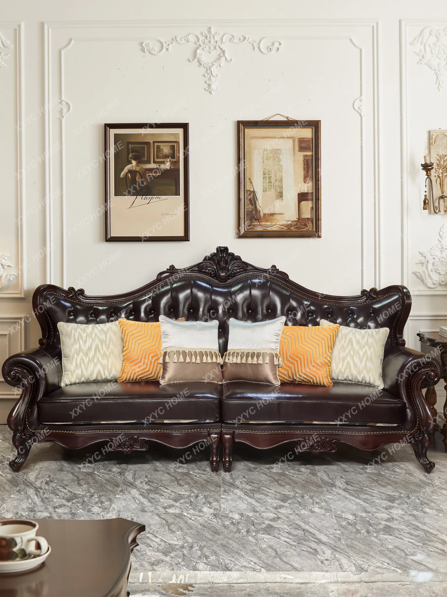 Retro sofa solid wood first layer cowhide living room sofa villa combination leather sofa