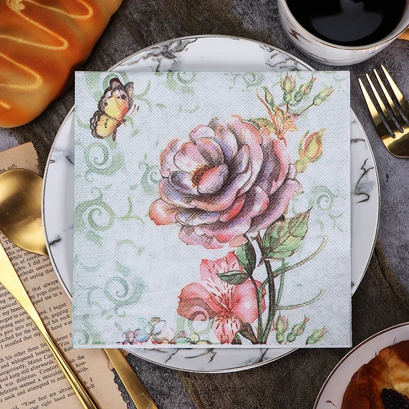 

New Colorful Flower Printing Napkins Colorful Paper Napkins Butterfly Bone Bart Hand DIY Materials with Paper 20 Sheets Foodgrad