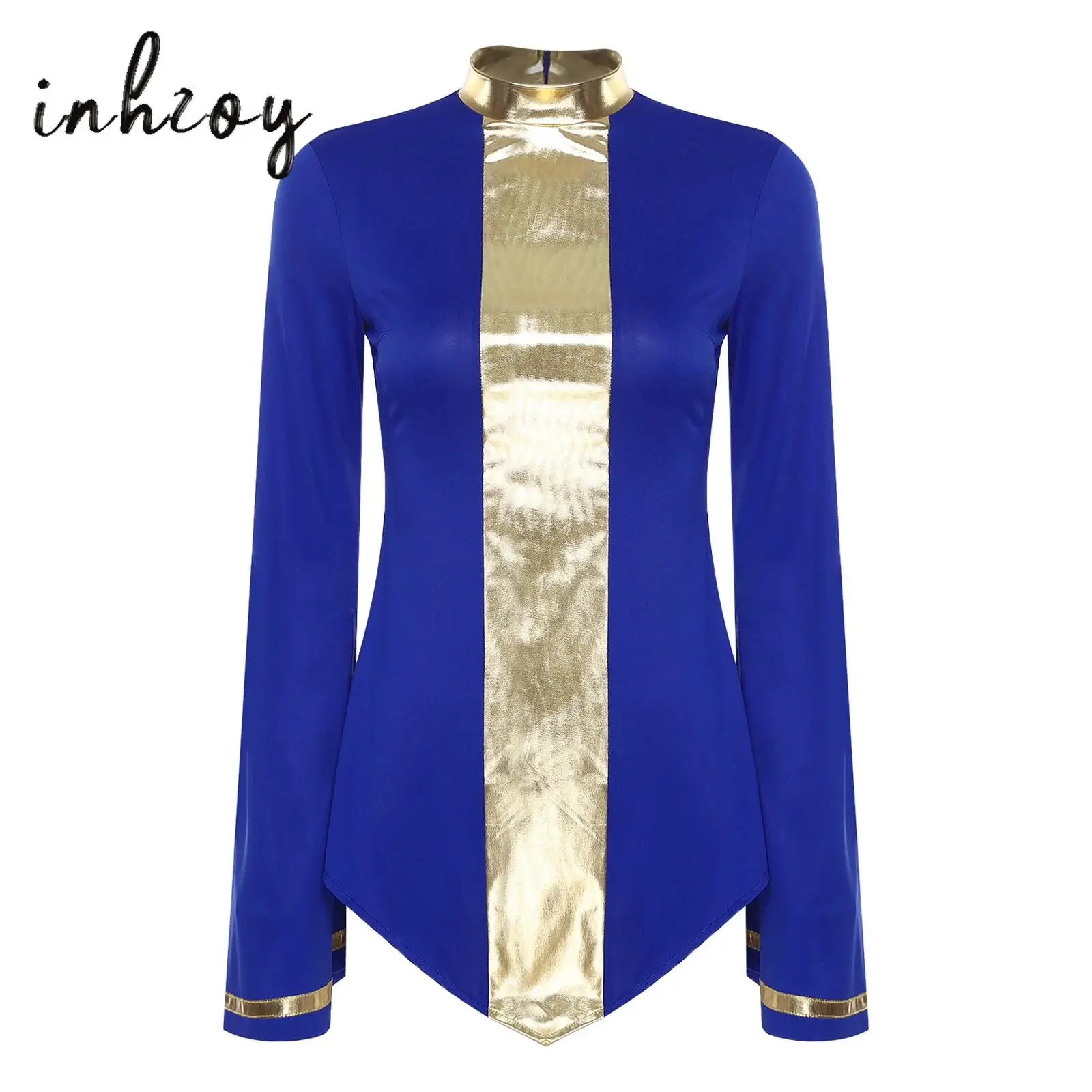 

Women's Liturgical Praise Dance Tops Metallic Mock Neck Flared Long Sleeve Irregular Hem Shirt Blouse Worship Lyrical Dancewear