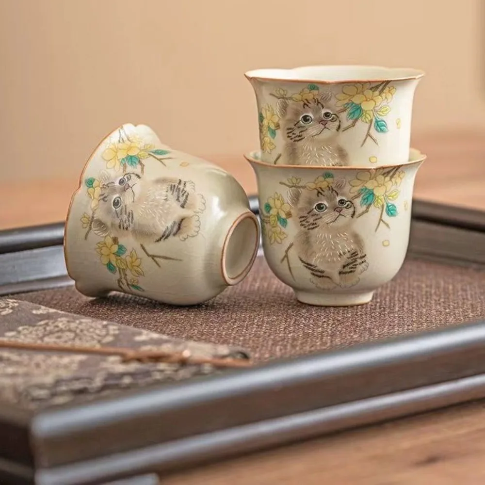

Creative Ceramic Ru Kiln Gaiwan Exquisite Chinese Style Cat Tea Tureen Smooth Traditional Cover Bowl Tea Items Home Decor