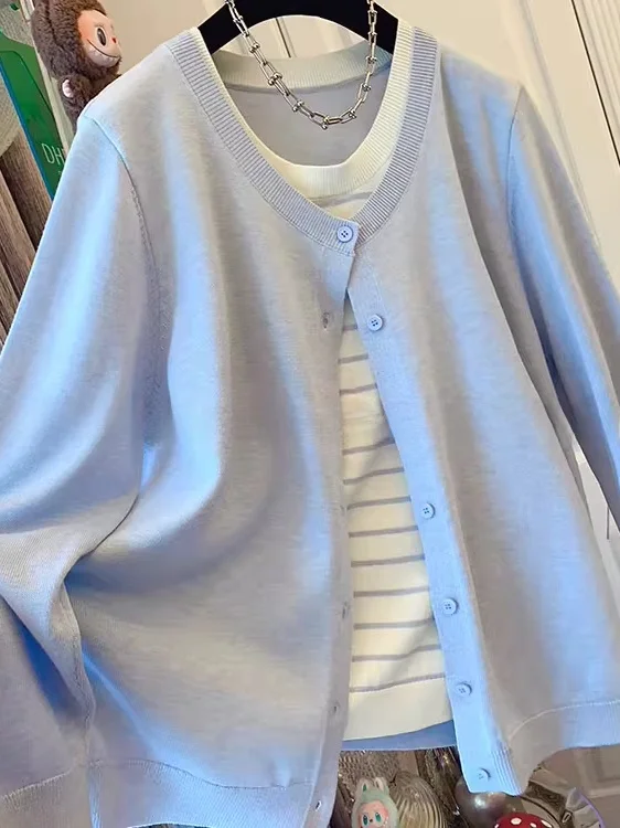 

Свободный повседневный вязаный кардиган-жилет в полоску, имитация двухслойного свитера, унисекс, осенняя верхняя одежда, удобный, из полиэфирного волокна