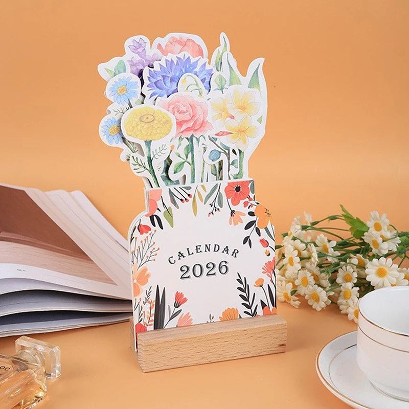 

2026 Card Insert Desk Calendar Monthly Planner Organizer Bloomy Flowers Mini Calendar Wooden Base Home Office Tabledesk Decor