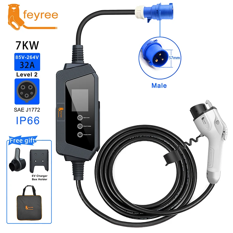 feyree Type1 Portable EV Charger 7KW 32A 1Phase with j1772 Connector Charging holder 5m Cable bag and Charging Box Holder