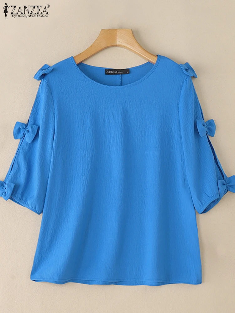 ZANZEA Fashion Bow Blouse Tops 2025 Women Elegant Office Work Tunic Casual Loose Solid Color O Neck Half Sleeve Loose Blusas
