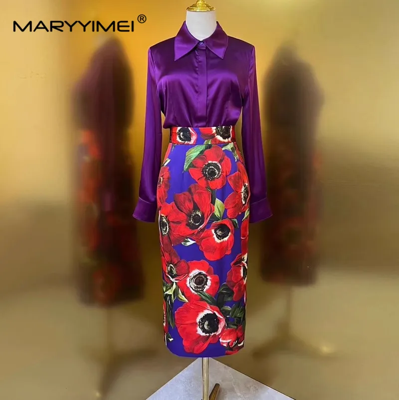 MARYYIMEI Spring Summer Fashion Silk Women\'s Suit Long sleeved Shirt top＋Red anemone print skirt silk Commuter Two Pieces Set