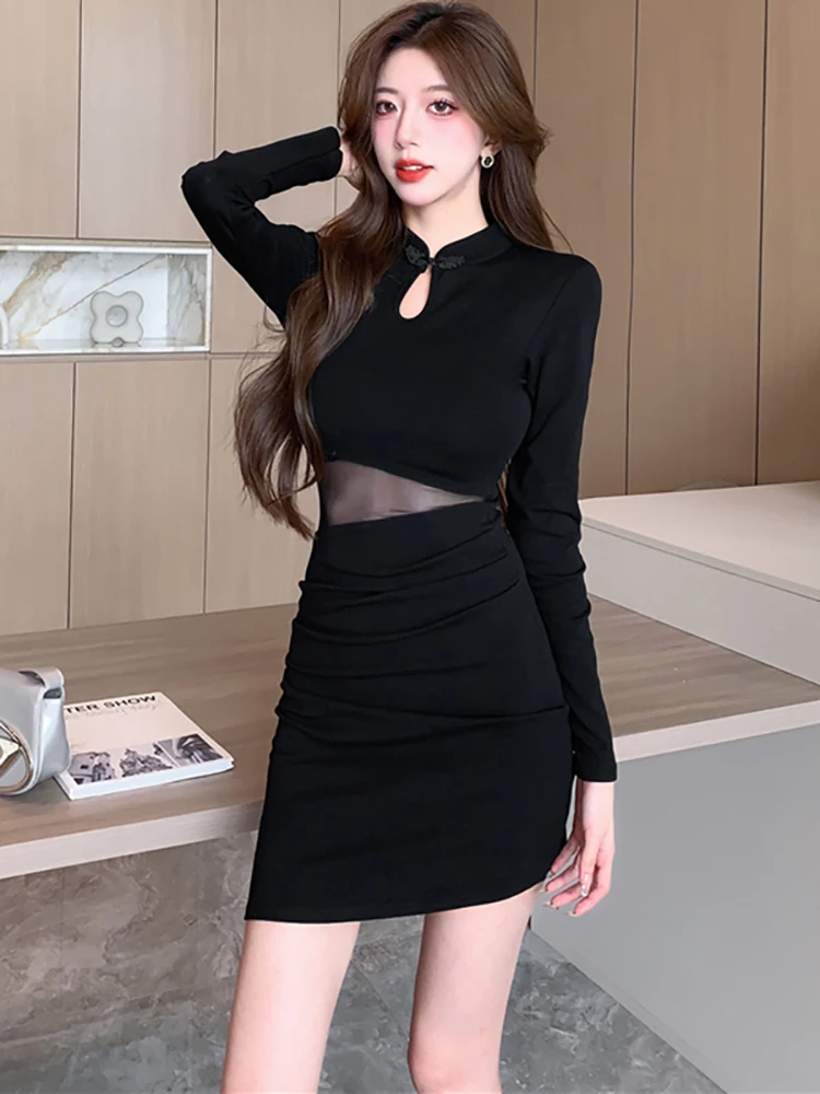 2024 Black Patchowrk Mesh Hollow Out Sexy Short Dress Women Elegant and Pretty Dress Autumn Winter Korean Bodycon Evening Dress