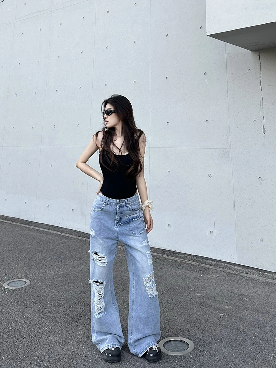 

Light Blue Waed Ripped Denim Jeans Women's Versatile Slimming Floor-Length Wide Leg Pants Casual High Waist Long Trousers