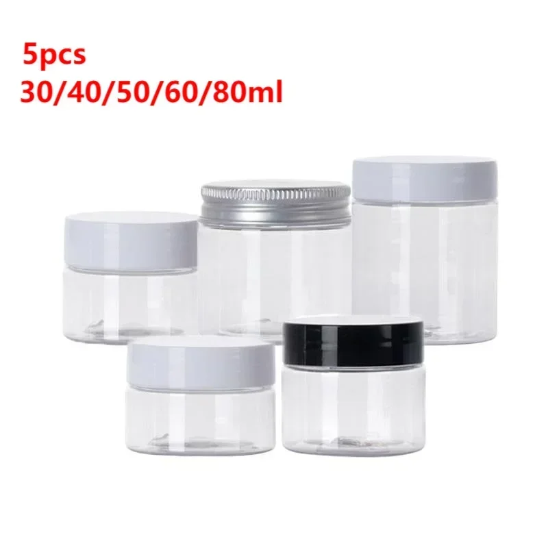 5pcs 30/40/50/60/80ml Plastic Jar with Lids PET Material Transparent Bottle Cosmetic Cream Container Travel Set Storage Jars