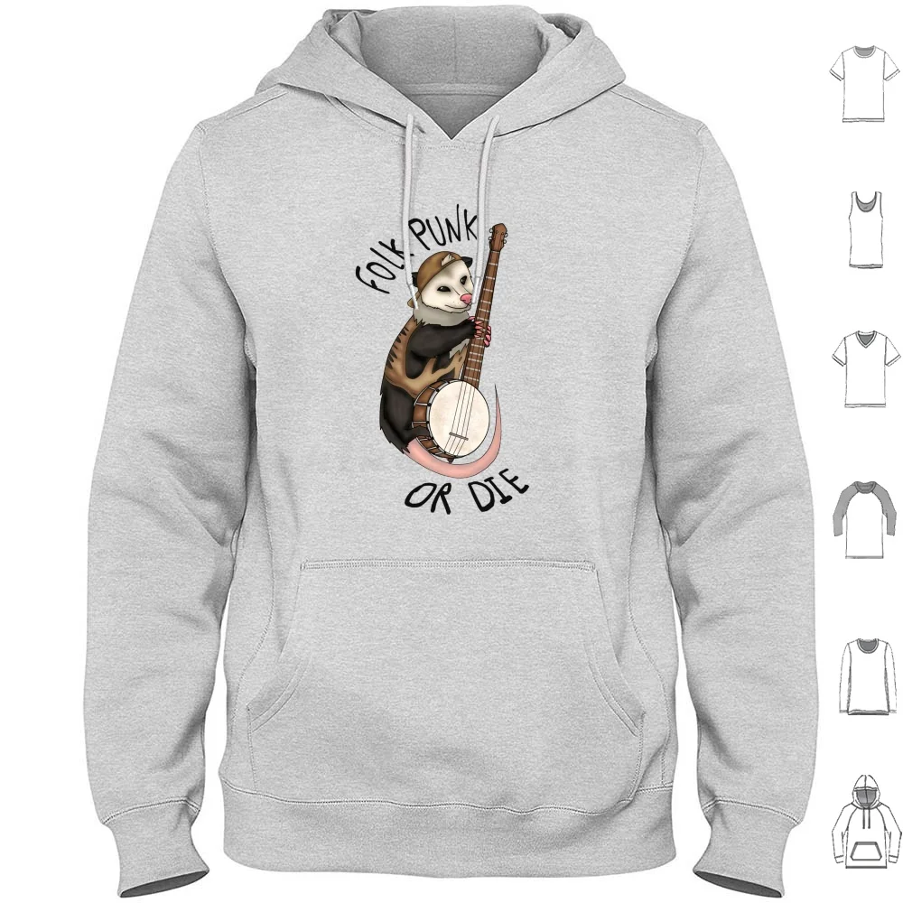 Folk Punk Or Die-Banjo Opossum Hoodie Cotton Long Sleeve Folk Folk Punk Punk Opossum Animal Banjo Guitar Music