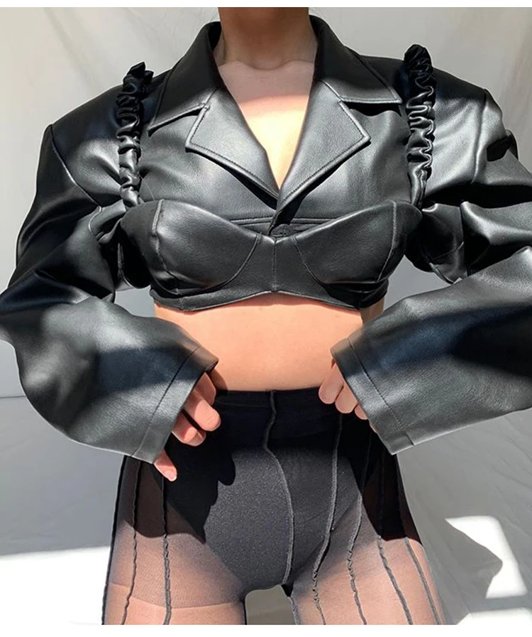 2024 Spring Autumn Short Black Light Faux Leather Jacket Women Long Sleeve Lapel Runway Stylish Sexy Fashion  Cropped Top