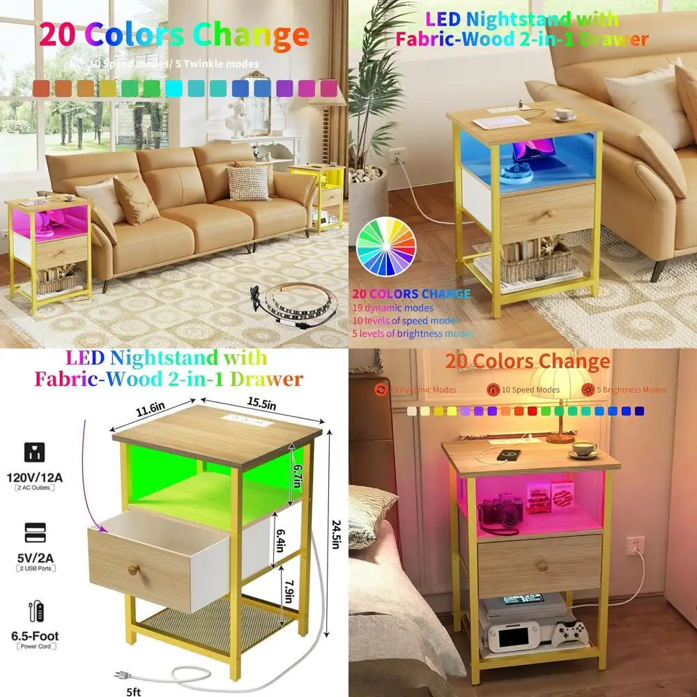 

Прикроватные тумбочки с LED-подсветкой (2 шт.), зарядкой, USB-портами, розетками, тканевыми ящиками и деревянными элементами, компактный дизайн для спален