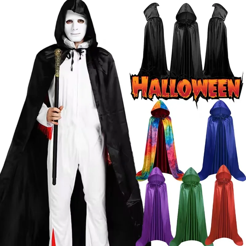 Miękki czarny płaszcz na Halloween - unisex, z kapturem, długa szata wiedźmy, rekwizyt do kostiumu cosplay i dekoracja na imprezę