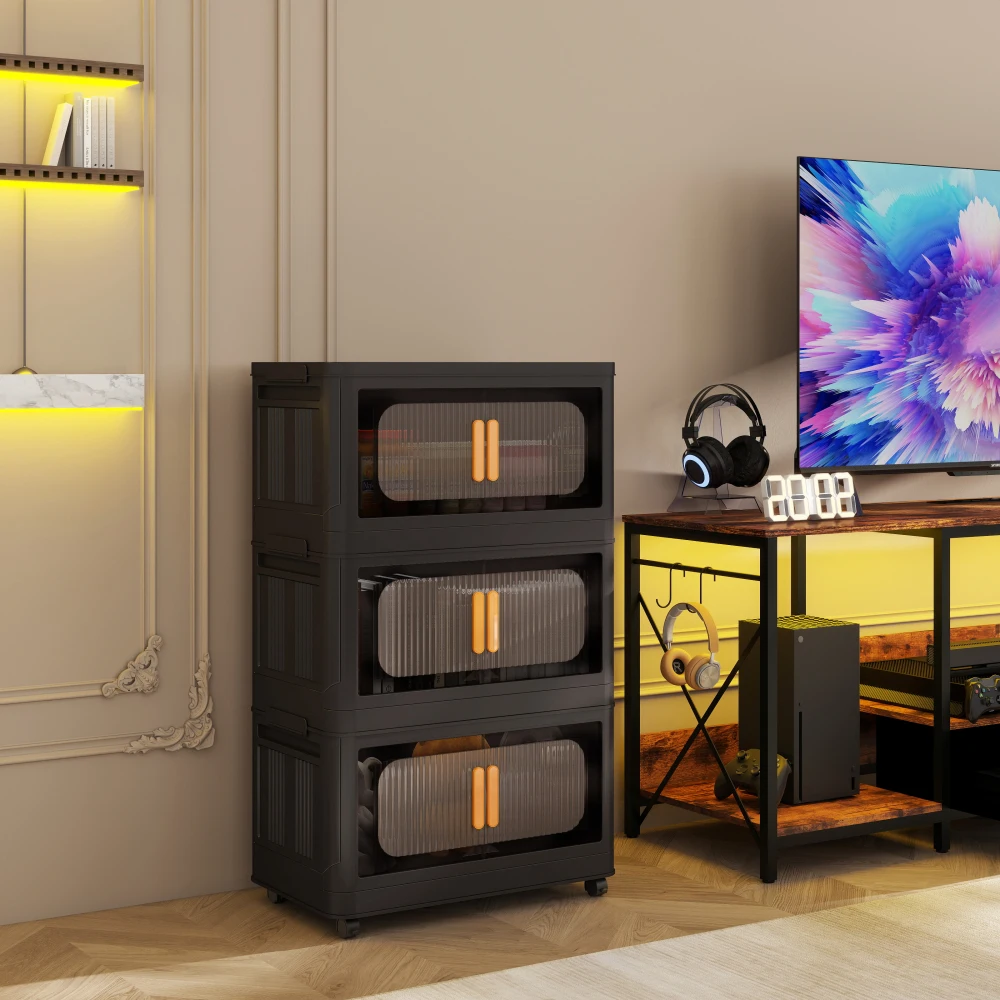

Black, 20" Side Wide Folding Storage Cabinet ,3 Tiers,19.69"×11.81"×31.10",Collapsible Storage Bins with Magnetic Door, Plastic