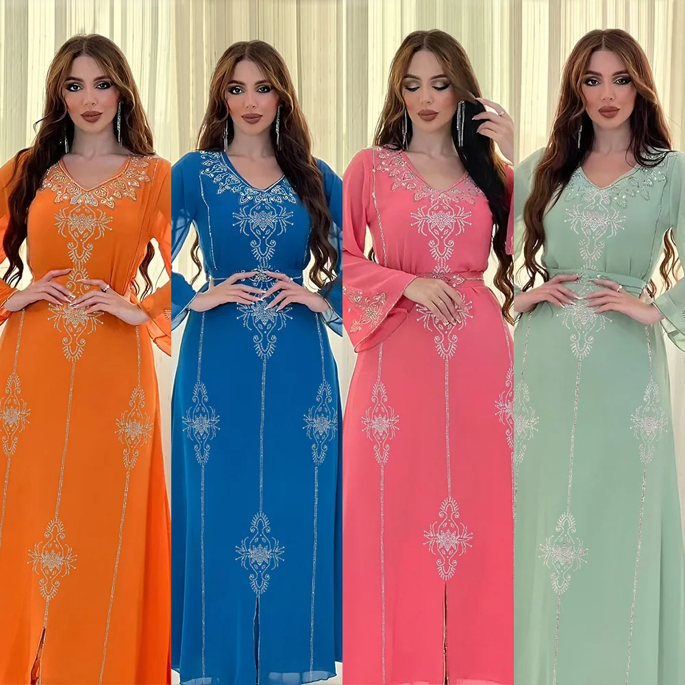 Polyester Muslim Abaya for Women Summer Elegant Orange Blue Pink Green Muslim Women Long Sleeve V-neck Polyester Long Abaya