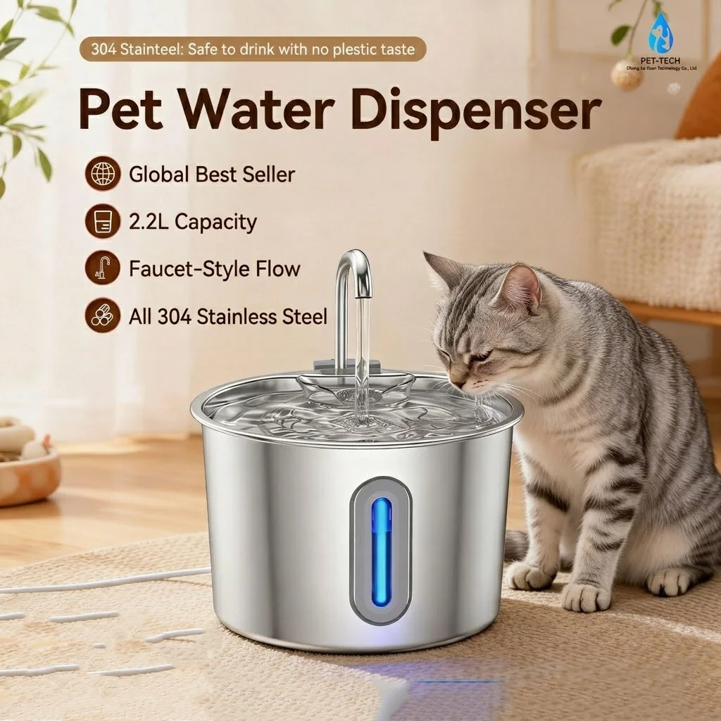 

2L 304 Stainless Steel Pet Water Fountain Automatic Water Flow Pet Water Dispenser Drinking Bowl for Dogs and Cats