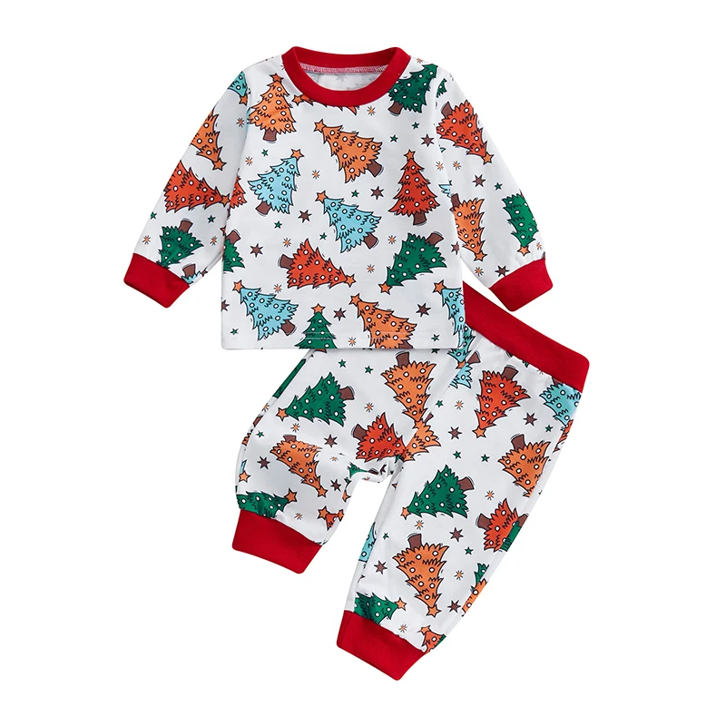 Kleinkind Jungen Weihnachten Outfits Weihnachts baum drucken Langarm Sweatshirts und lange Hosen 2 Stück Baby kleidung Set