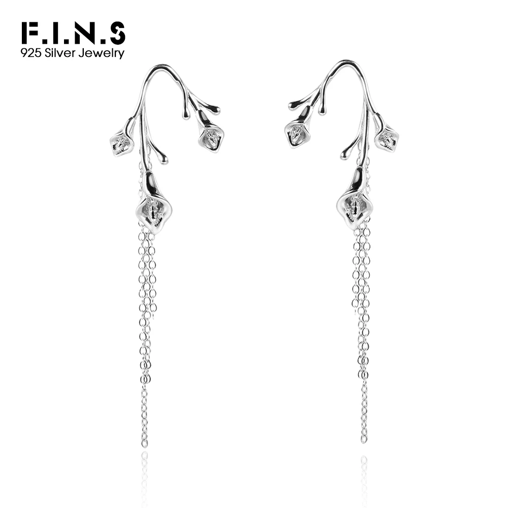 F.I.N.S Original Calla Lily S925 Sterling Silver Drop Earrings Minimalist Elegance Fringe Tassel Chain Fashion Fine Jewelry