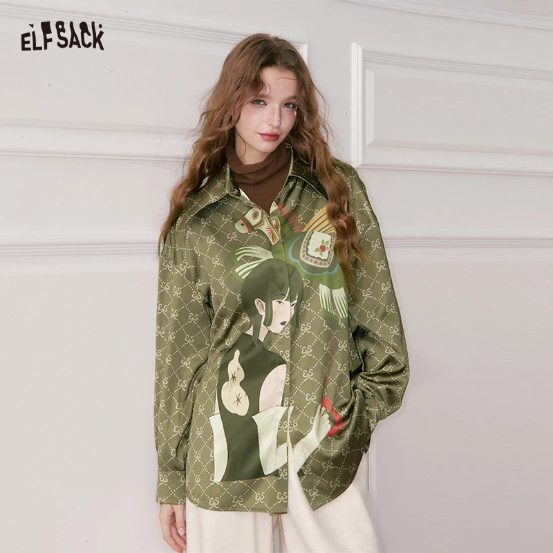 

ELFSACK Y2K Vintage Portrait Print Stripe Plaid Shirt For Women