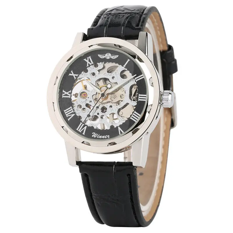 Winner Skeleton Mens Watch Transparent Case Wind UP Mechanical Wristwatch Luxury