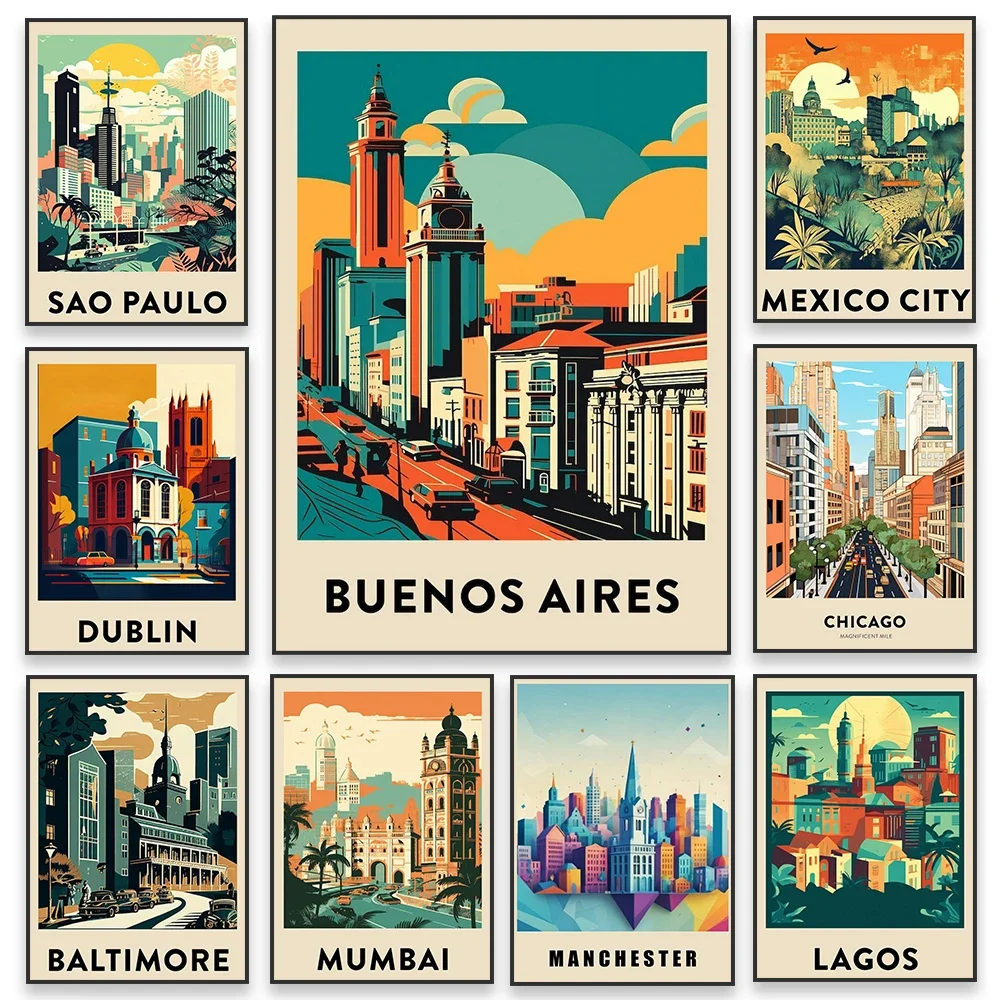 Buenos Aires Mexico City  Sao Paulo Vintage Travel Posters  Colorful Retro Canvas Prints for Wall Decor  Cityscape Art  Home Dec