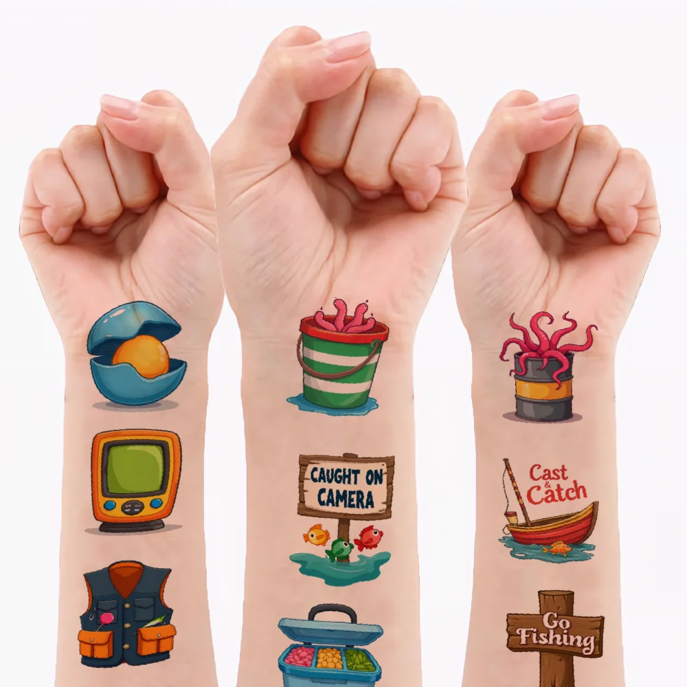 Chapeau de tatouage temporaire, 63 pièces, bol de poisson de dessin animé, attraper le plaisir, autocollants de tatouage temporaire, faire de la pêche des bras