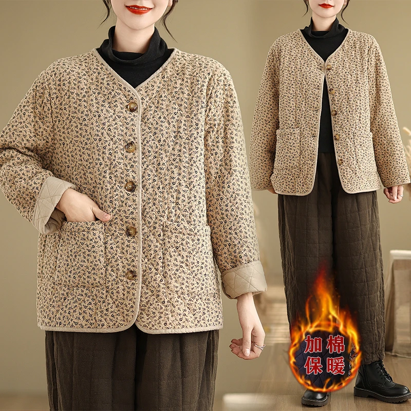 

Retro Floral Lightweight Thiened Cotton Jaet Women's Winter Loose Long Sve V-Ne Warm Coat Comfortable plus Size