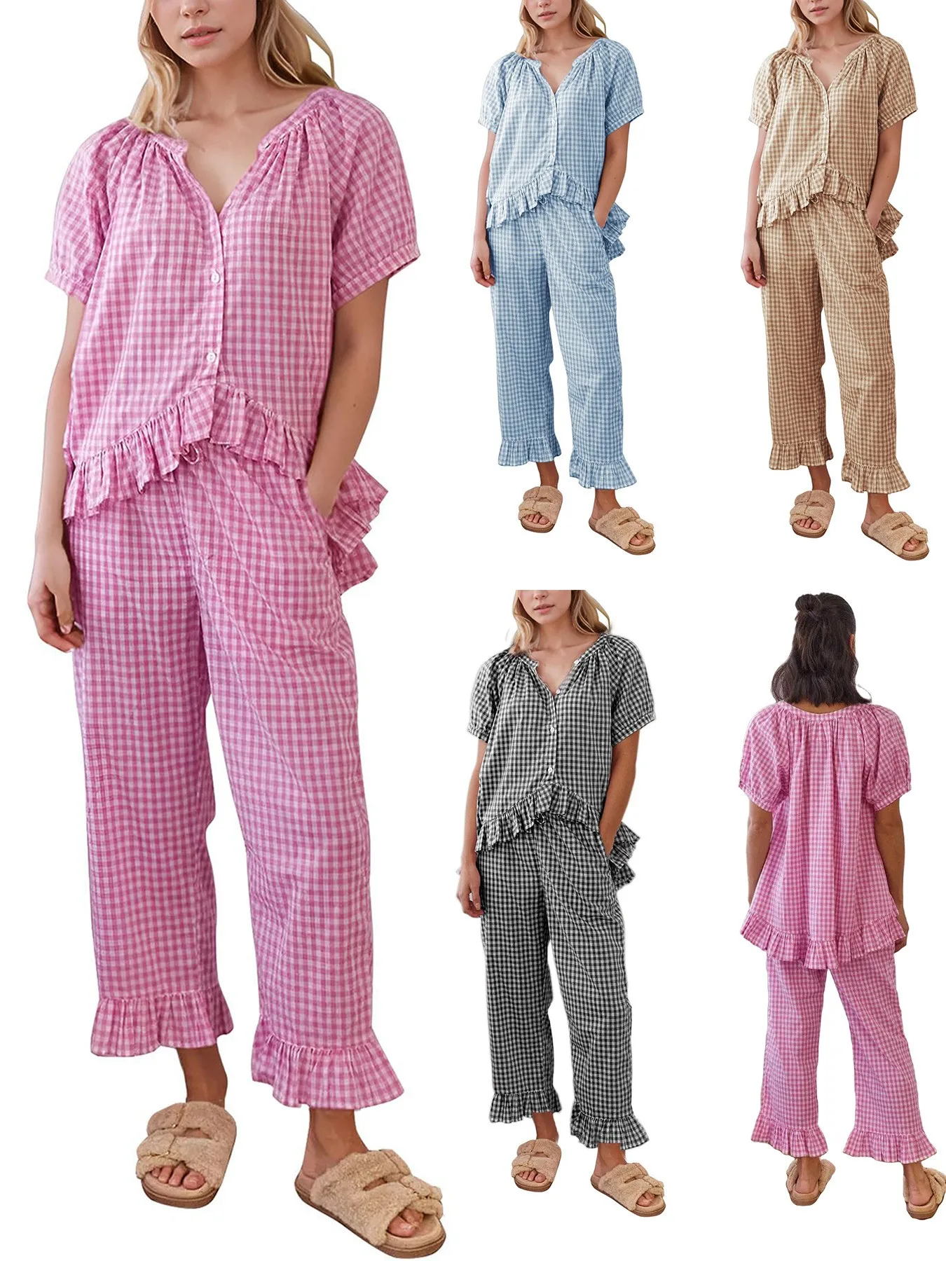 

Summer Women's Clothing Outfits Two Piece Womens Matching Sets Casual Ruffled Short Sleeve Top And Pants Set Polyester Fabric