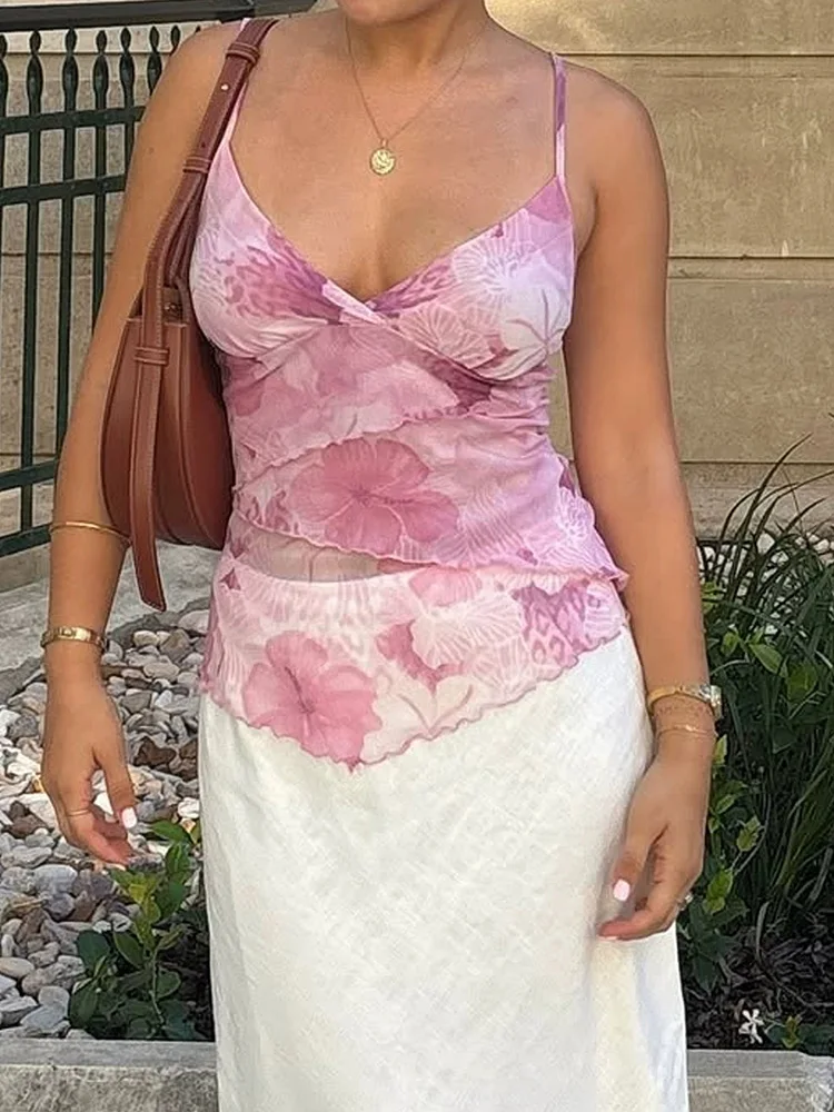 Women's Retro Y2K Summer Aesthetic Short Top, Bohemian Printed Sleeveless Transparent Mesh Strap, Sleeveless T-shirt