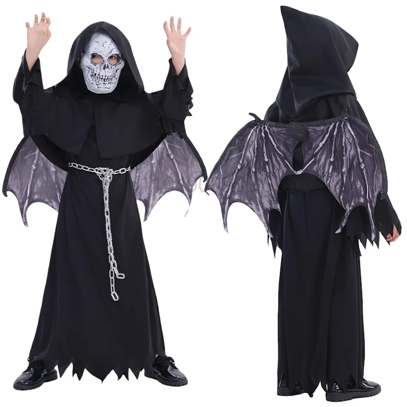 

Children Black Dark Skeleton Dead Zombie Halloween Fancy Dress Up Winged Grim Reaper Costume for Boys Economic