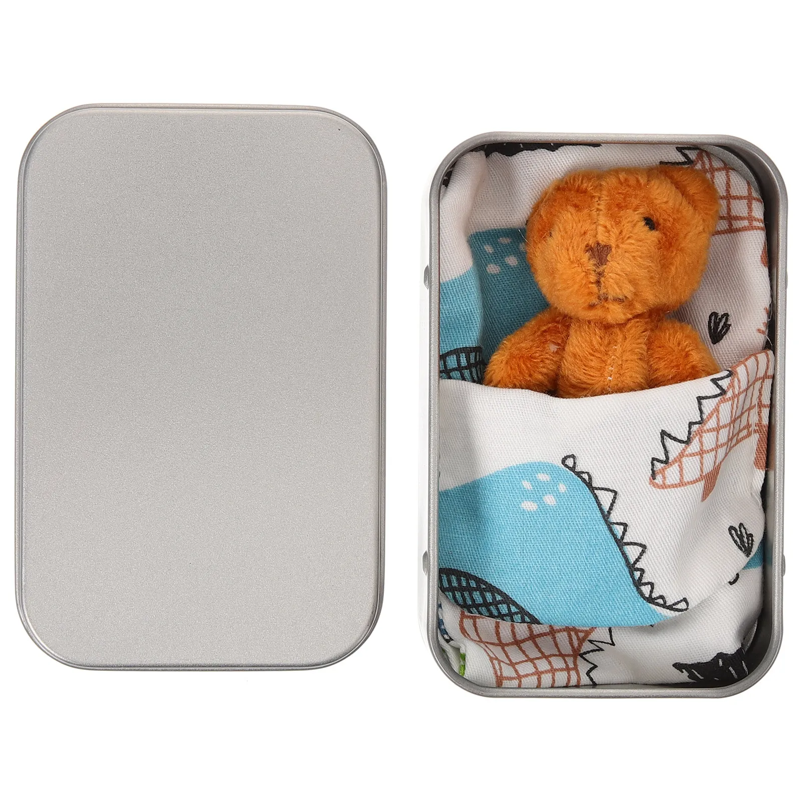 

Mini Stuffed Bear Tin Box Gift Blue Fabric Brown Iron Kids Room Decor Bedroom Home Office Car nament Present Christmas Birthday