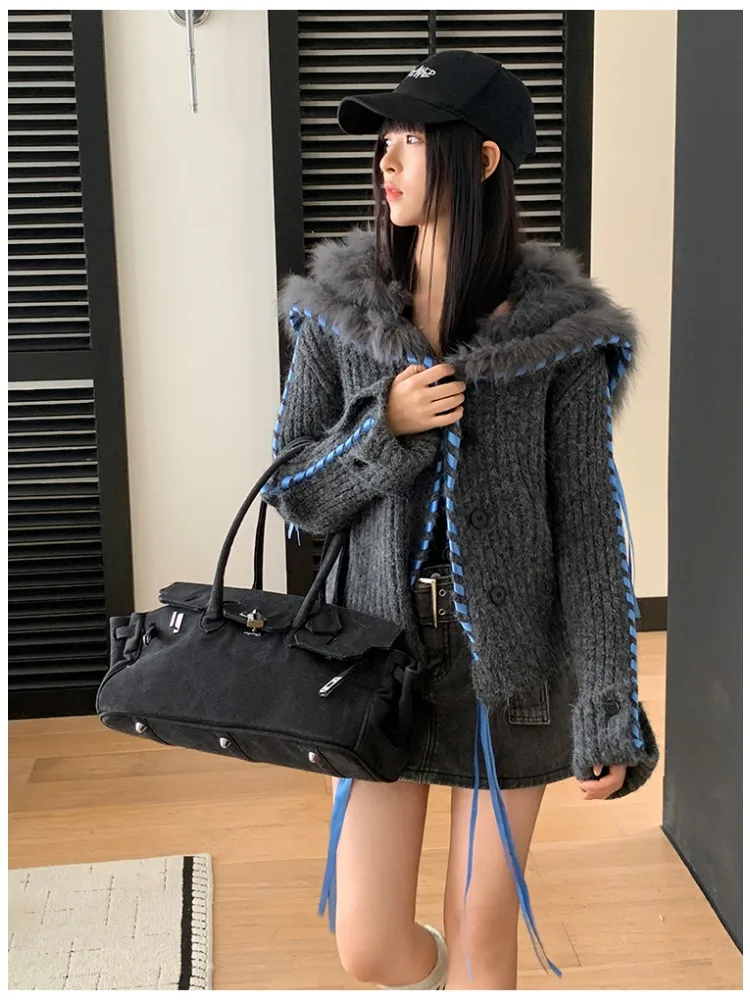 Women Slim Long Sleeve Cardigan Jacket Knitting Real Fox Fur Coat Female New Autumn Winter Clothes Knitted Sweater