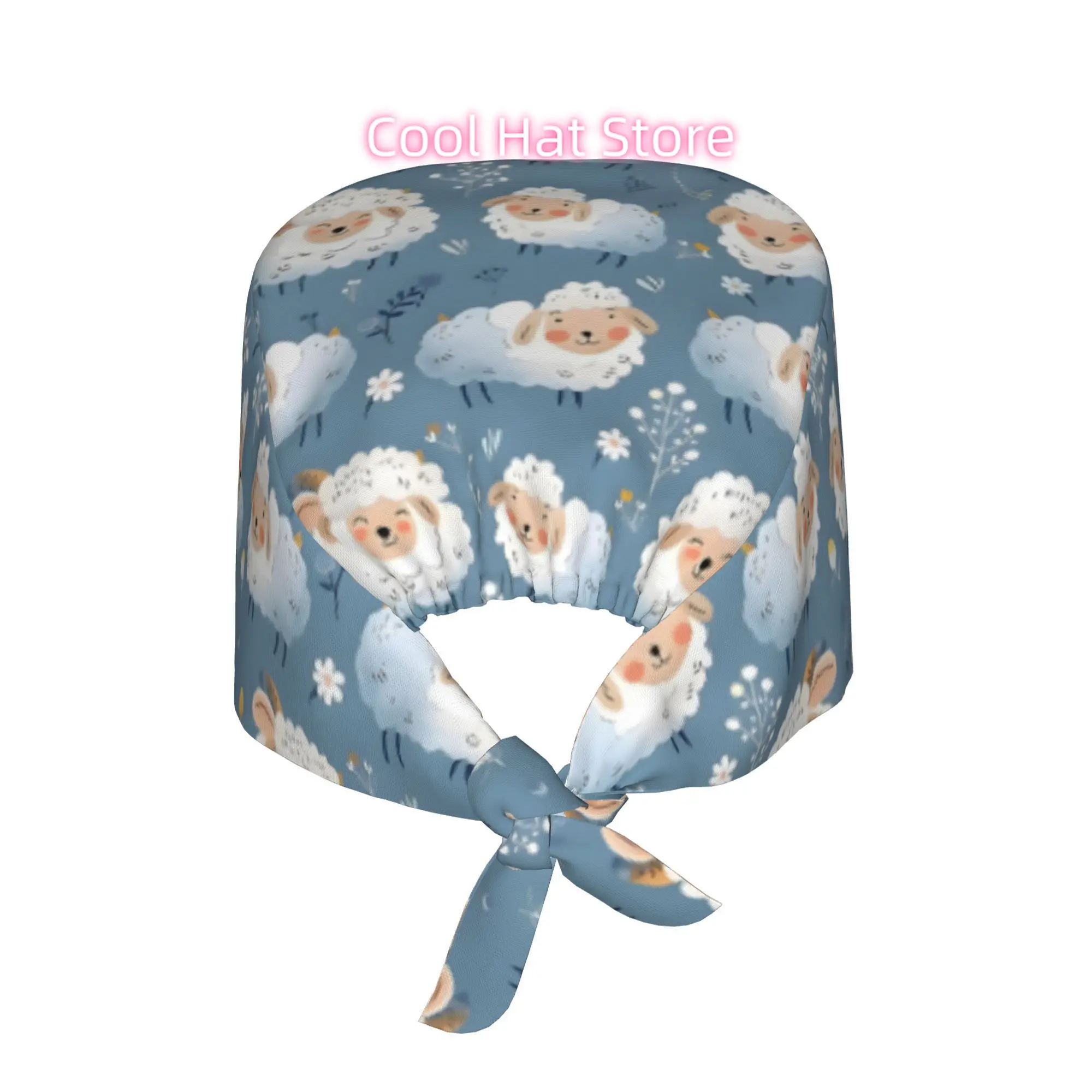Adorable Sheep Pattern Unisex Work Cap Adjustable Lightweight with Lace Up Design Dust Proof for Nurses And Chefs