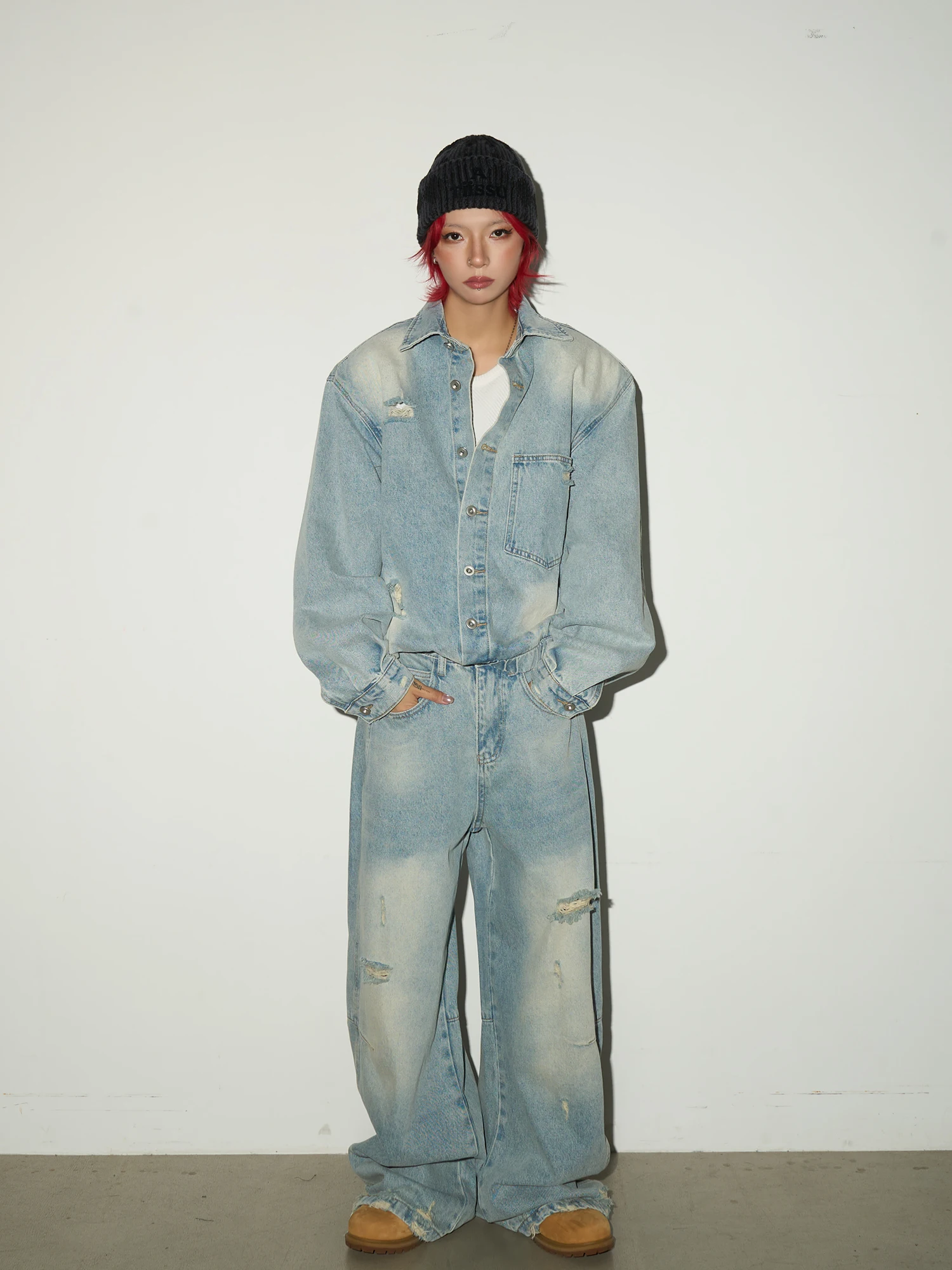 

MICHINNYON High Street Sle Denim Jaet And Pants Set Trendy Worn out Casual Wear Cotton Blend Long Sve Button up