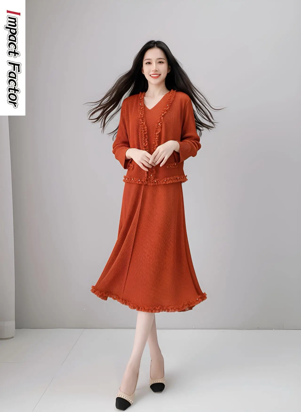 

Miyake 2025 Autumn and Winter New Lace V-neck Solid Color Two-piece Set Pleated High-end Jacket Vest Skirt Women